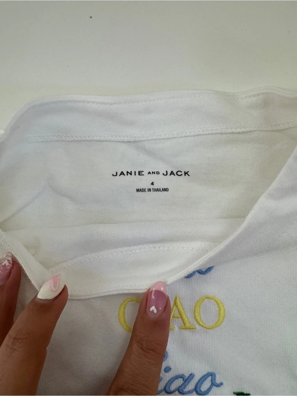 Janie and Jack White Tee with Yellow & Blue 'Ciao' Embroidery